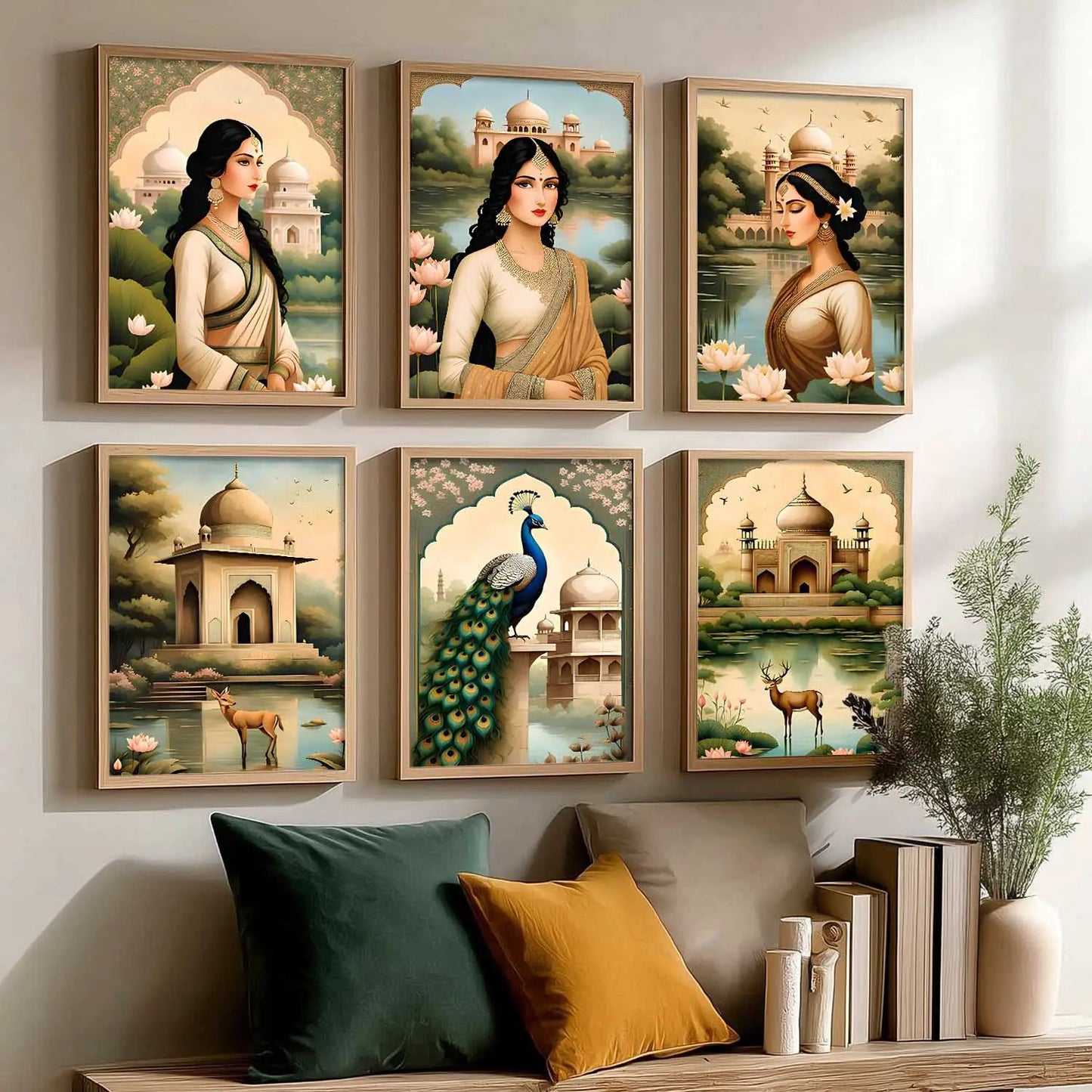 Traditional Indian Inspired Madhubani Art Prints with Frame for Living Room Bedroom Home and Office Wall Decor Set of 6