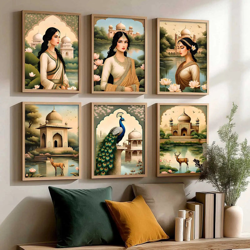 Traditional Indian Inspired Madhubani Art Prints with Frame for Living Room Bedroom Home and Office Wall Decor Set of 6