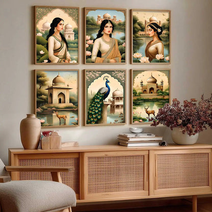 Traditional Indian Inspired Madhubani Art Prints with Frame for Living Room Bedroom Home and Office Wall Decor Set of 6