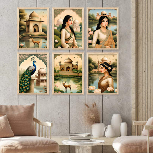 Traditional Indian Inspired Madhubani Art Prints with Frame for Living Room Bedroom Home and Office Wall Decor Set of 6