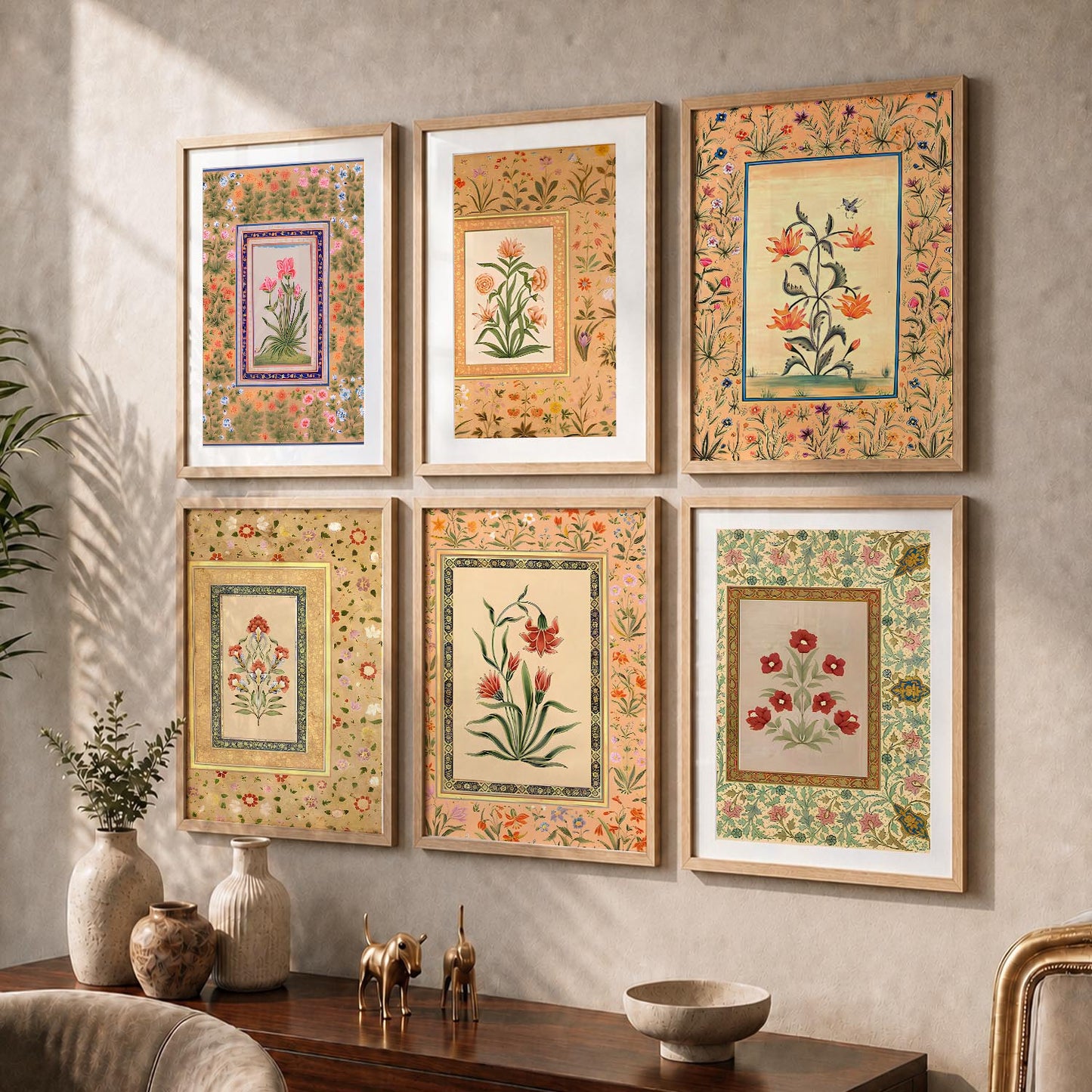 Traditional Indian Inspired Madhubani Art Prints with Frame for Living Room Bedroom Home and Office Wall Decor Set of 6