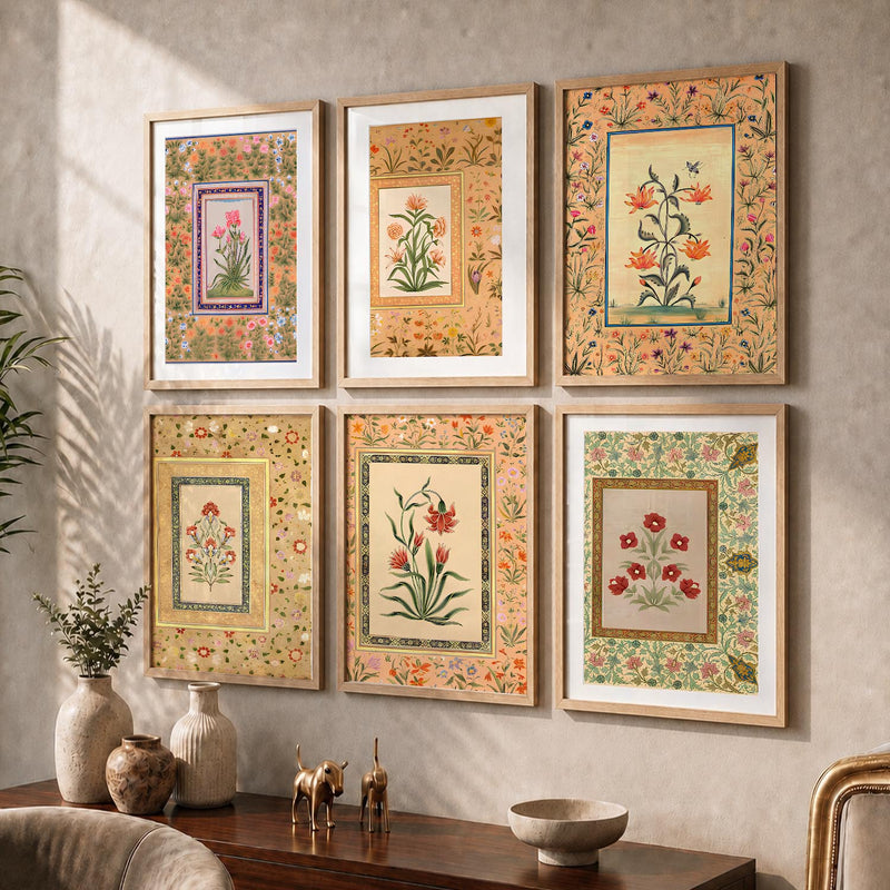 Traditional Indian Inspired Madhubani Art Prints with Frame for Living Room Bedroom Home and Office Wall Decor Set of 6