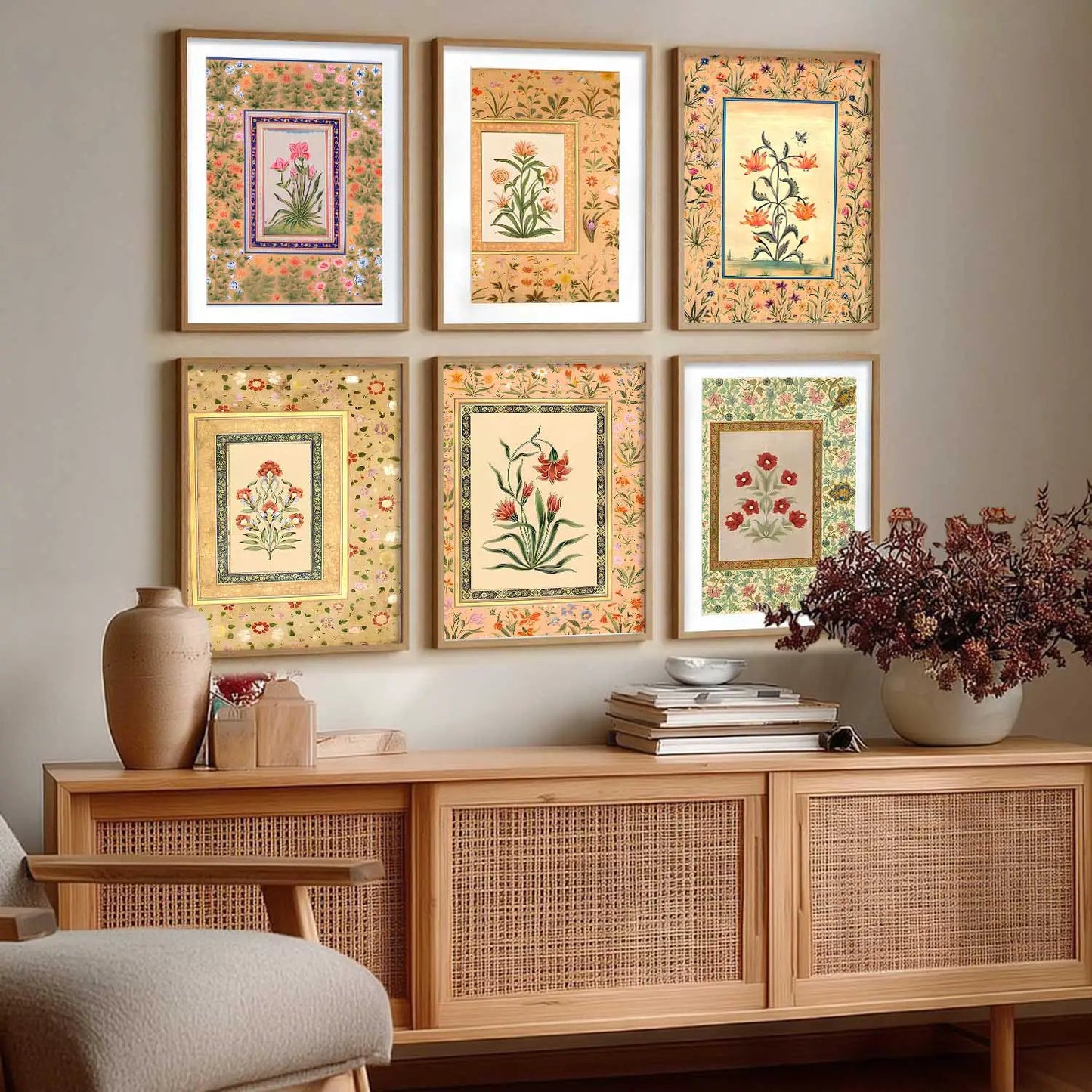 Traditional Indian Inspired Madhubani Art Prints with Frame for Living Room Bedroom Home and Office Wall Decor Set of 6
