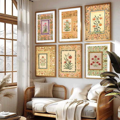 Traditional Indian Inspired Madhubani Art Prints with Frame for Living Room Bedroom Home and Office Wall Decor Set of 6