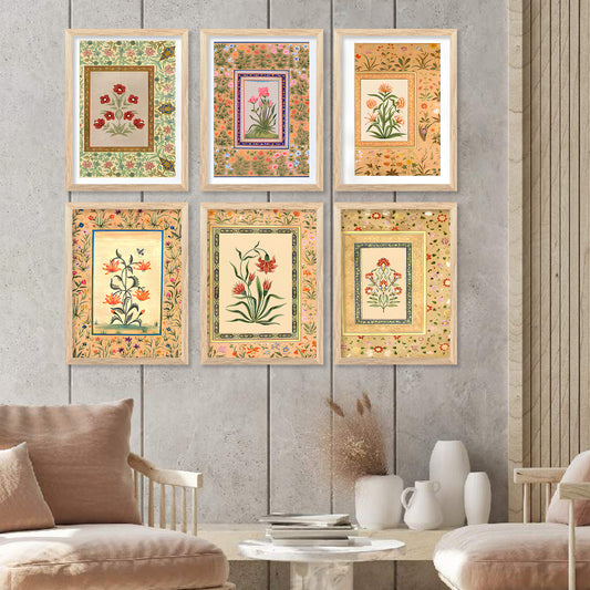 Traditional Indian Inspired Madhubani Art Paintings with Frame for Living Room Bedroom Home and Office Wall Decor Set of 6