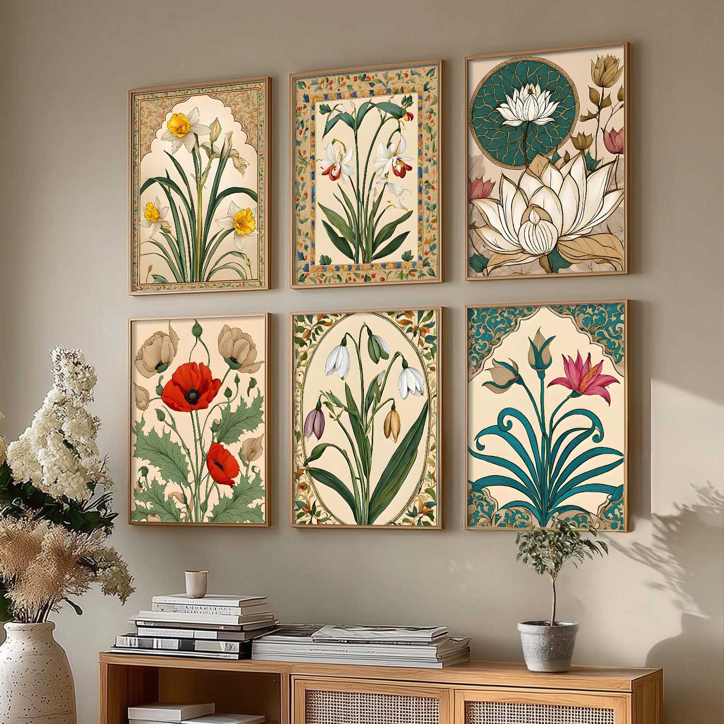 Traditional Indian Inspired Madhubani Art Prints with Frame for Living Room Bedroom Home and Office Wall Decor Set of 6