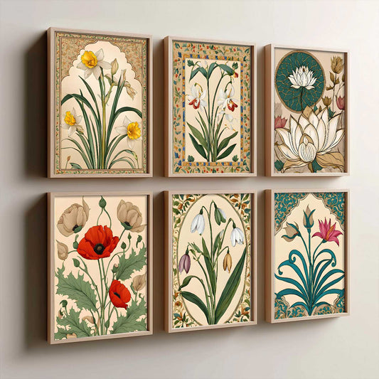 Traditional Indian Inspired Madhubani Art Prints with Frame for Living Room Bedroom Home and Office Wall Decor Set of 6