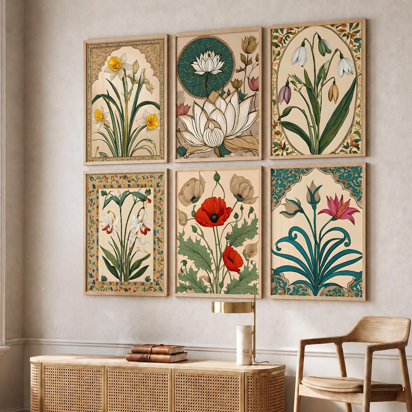 Traditional Indian Inspired Madhubani Art Prints with Frame for Living Room Bedroom Home and Office Wall Decor Set of 6