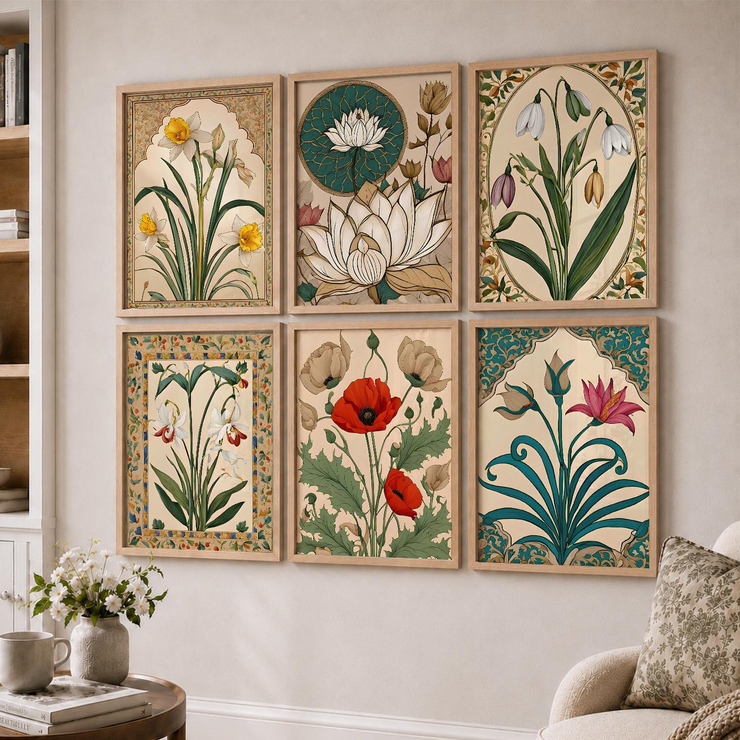 Traditional Indian Inspired Madhubani Art Prints with Frame for Living Room Bedroom Home and Office Wall Decor Set of 6
