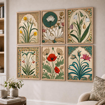 Traditional Indian Inspired Madhubani Art Prints with Frame for Living Room Bedroom Home and Office Wall Decor Set of 6