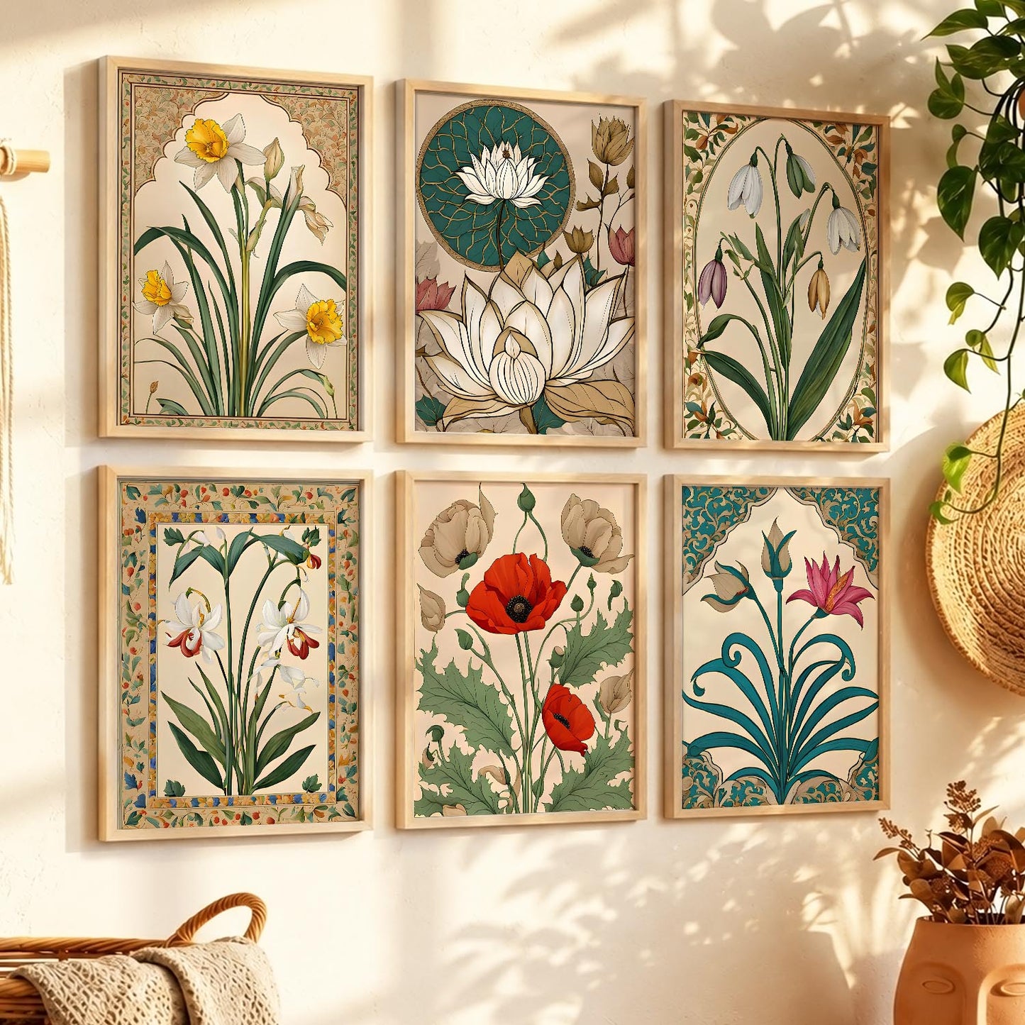 Traditional Indian Inspired Madhubani Art Prints with Frame for Living Room Bedroom Home and Office Wall Decor Set of 6