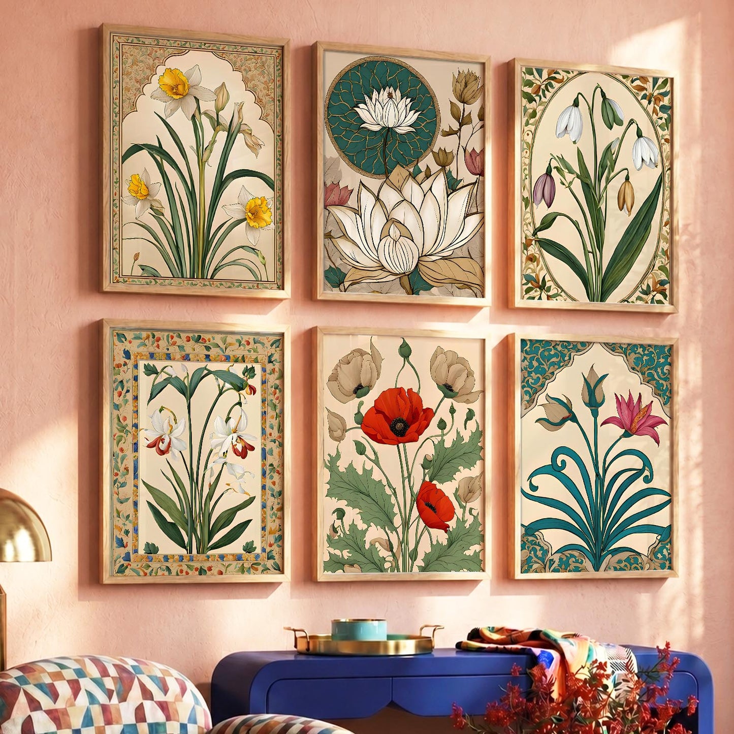 Traditional Indian Inspired Madhubani Art Prints with Frame for Living Room Bedroom Home and Office Wall Decor Set of 6