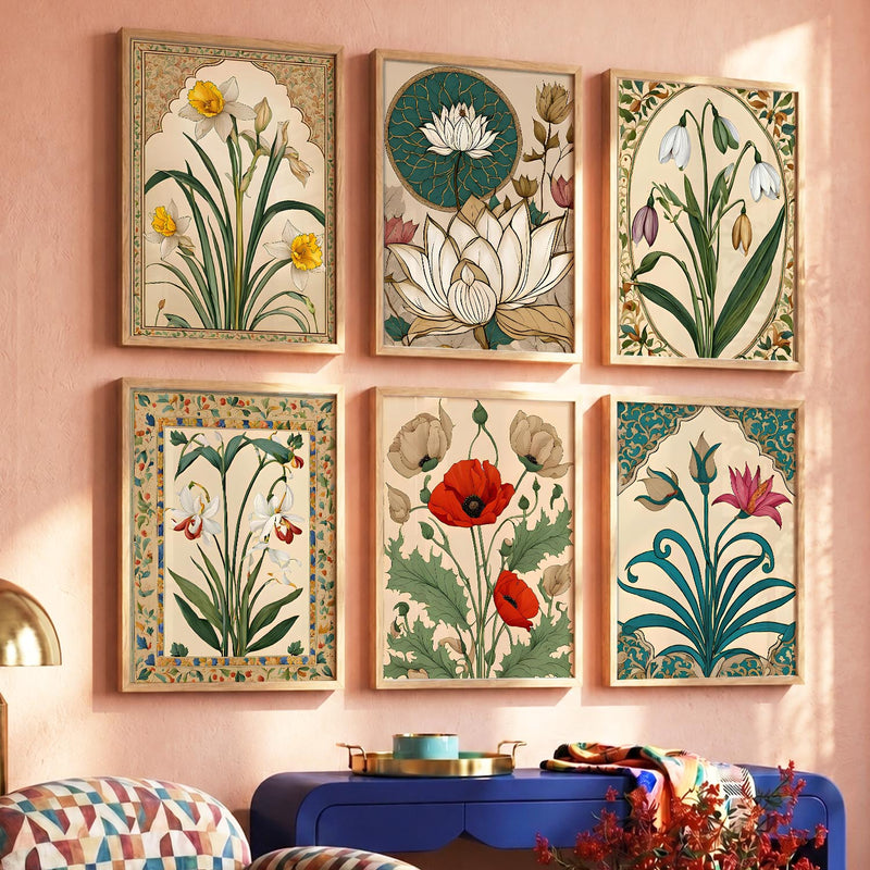 Traditional Indian Inspired Madhubani Art Prints with Frame for Living Room Bedroom Home and Office Wall Decor Set of 6