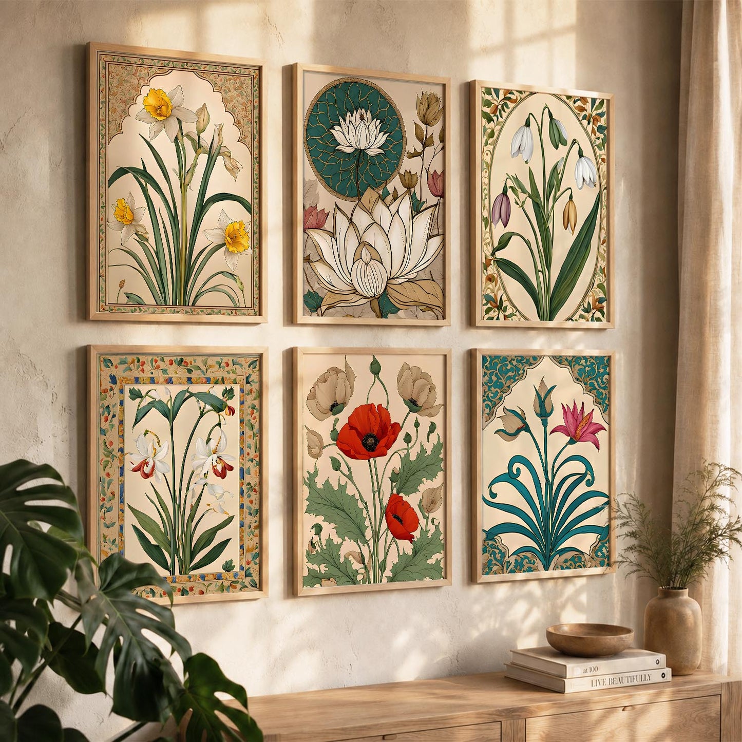 Traditional Indian Inspired Madhubani Art Prints with Frame for Living Room Bedroom Home and Office Wall Decor Set of 6
