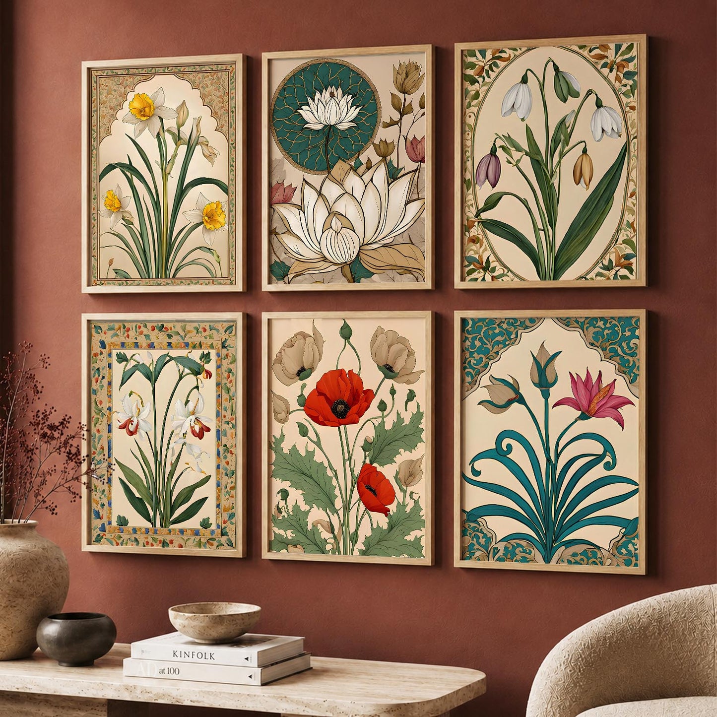 Traditional Indian Inspired Madhubani Art Prints with Frame for Living Room Bedroom Home and Office Wall Decor Set of 6