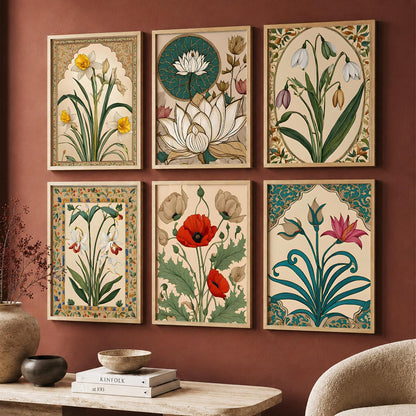 Traditional Indian Inspired Madhubani Art Prints with Frame for Living Room Bedroom Home and Office Wall Decor Set of 6