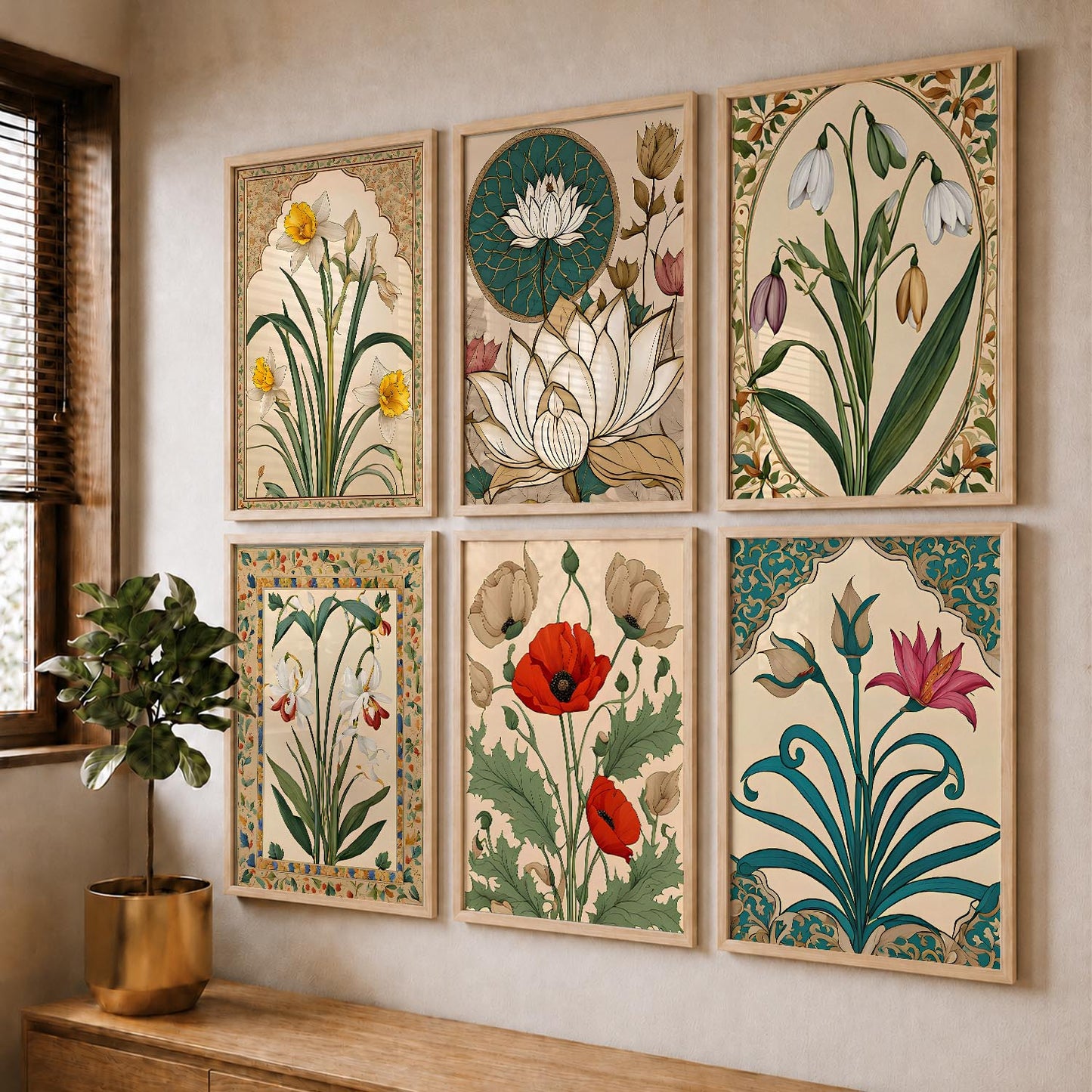 Traditional Indian Inspired Madhubani Art Prints with Frame for Living Room Bedroom Home and Office Wall Decor Set of 6