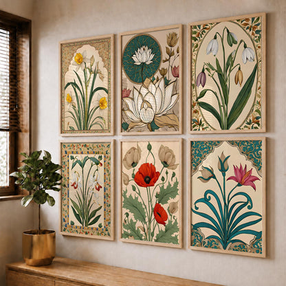 Traditional Indian Inspired Madhubani Art Prints with Frame for Living Room Bedroom Home and Office Wall Decor Set of 6