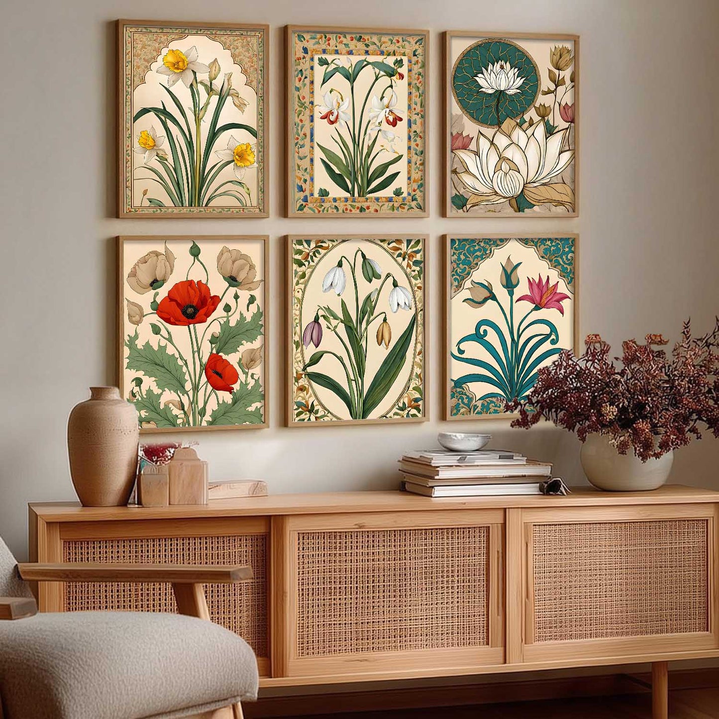 Traditional Indian Inspired Madhubani Art Prints with Frame for Living Room Bedroom Home and Office Wall Decor Set of 6