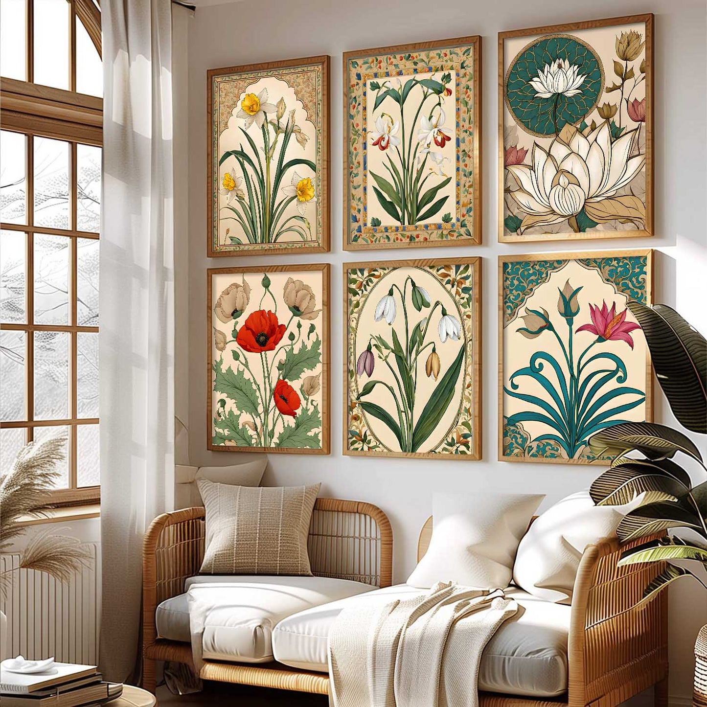 Traditional Indian Inspired Madhubani Art Prints with Frame for Living Room Bedroom Home and Office Wall Decor Set of 6