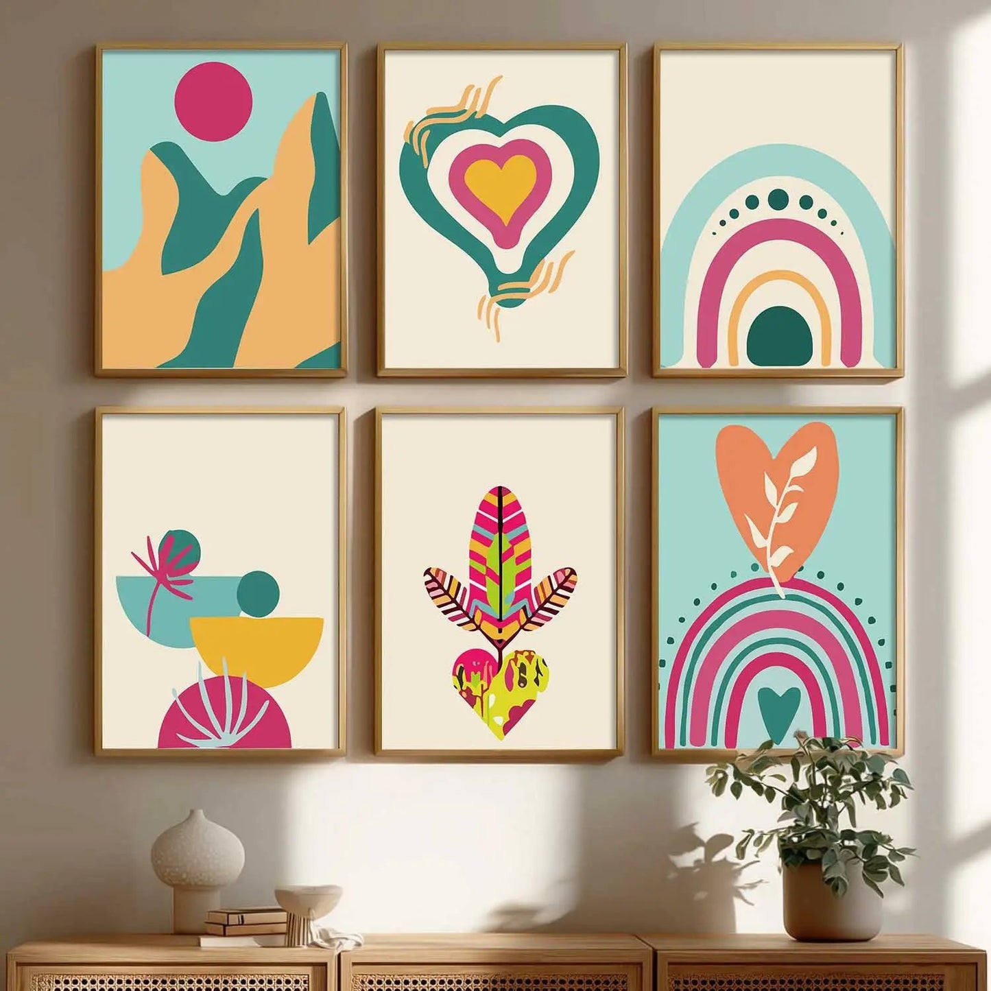 Boho-Inspired Wall Art Prints with Frame for Living Room Bedroom Home and Office Wall Decor Set of 6