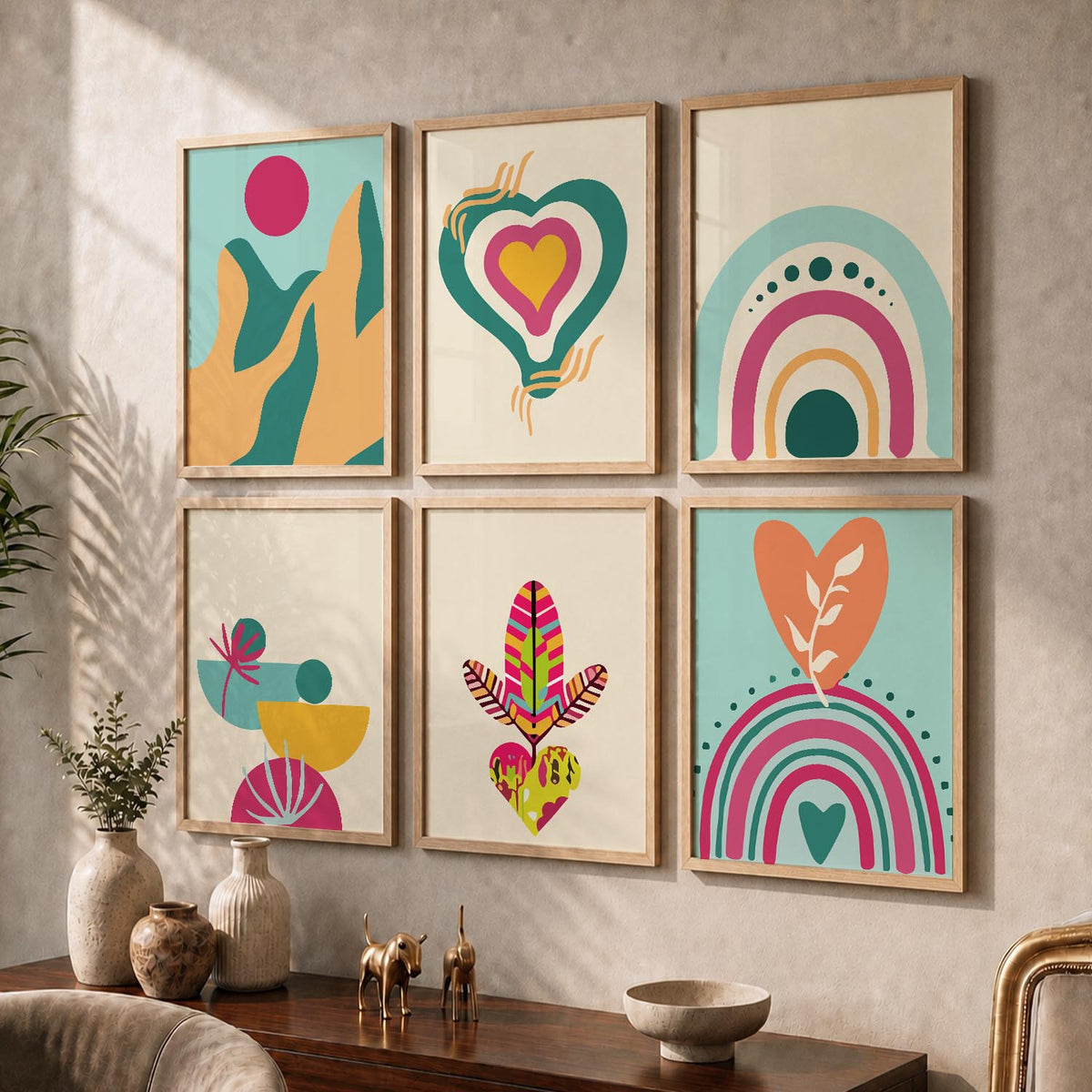 Boho-Inspired Wall Art Prints with Frame for Living Room Bedroom Home and Office Wall Decor Set of 6