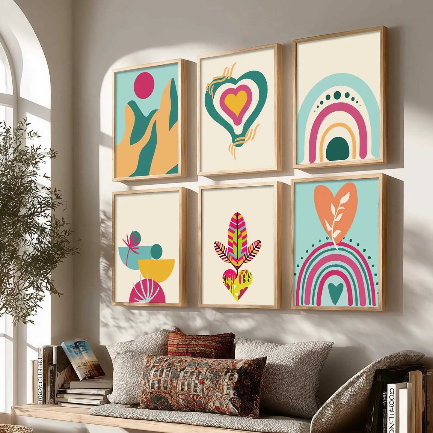 Boho-Inspired Wall Art Prints with Frame for Living Room Bedroom Home and Office Wall Decor Set of 6