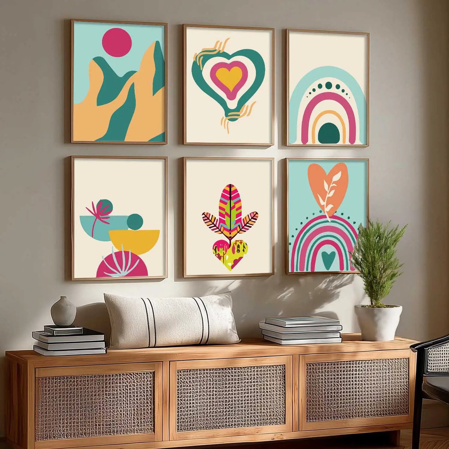 Boho-Inspired Wall Art Prints with Frame for Living Room Bedroom Home and Office Wall Decor Set of 6
