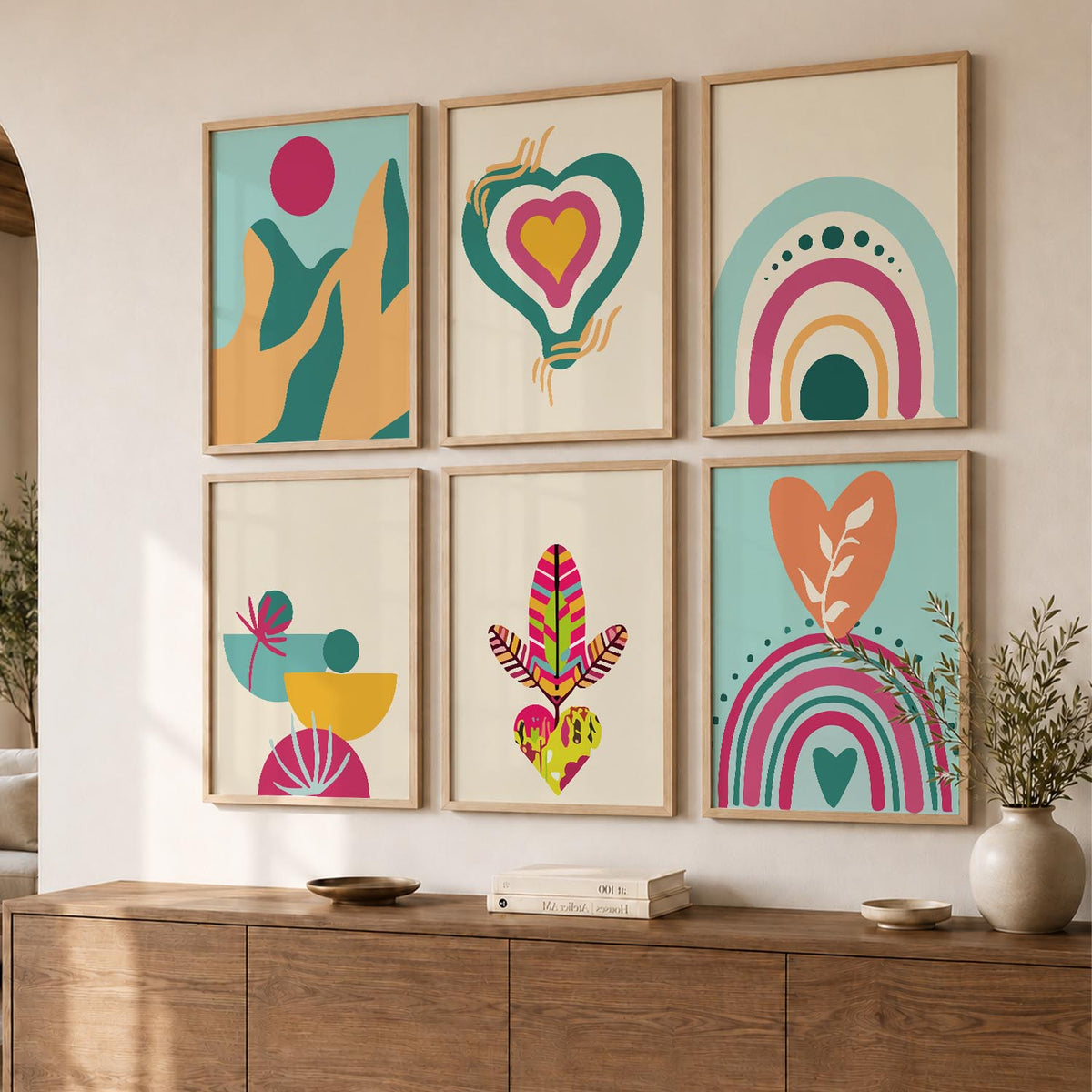 Boho-Inspired Wall Art Prints with Frame for Living Room Bedroom Home and Office Wall Decor Set of 6
