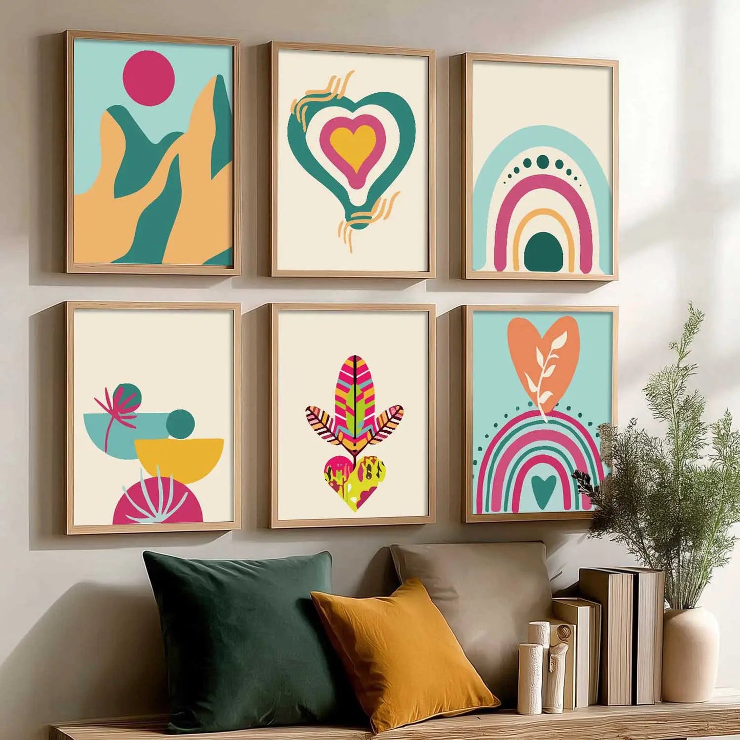 Boho-Inspired Wall Art Prints with Frame for Living Room Bedroom Home and Office Wall Decor Set of 6