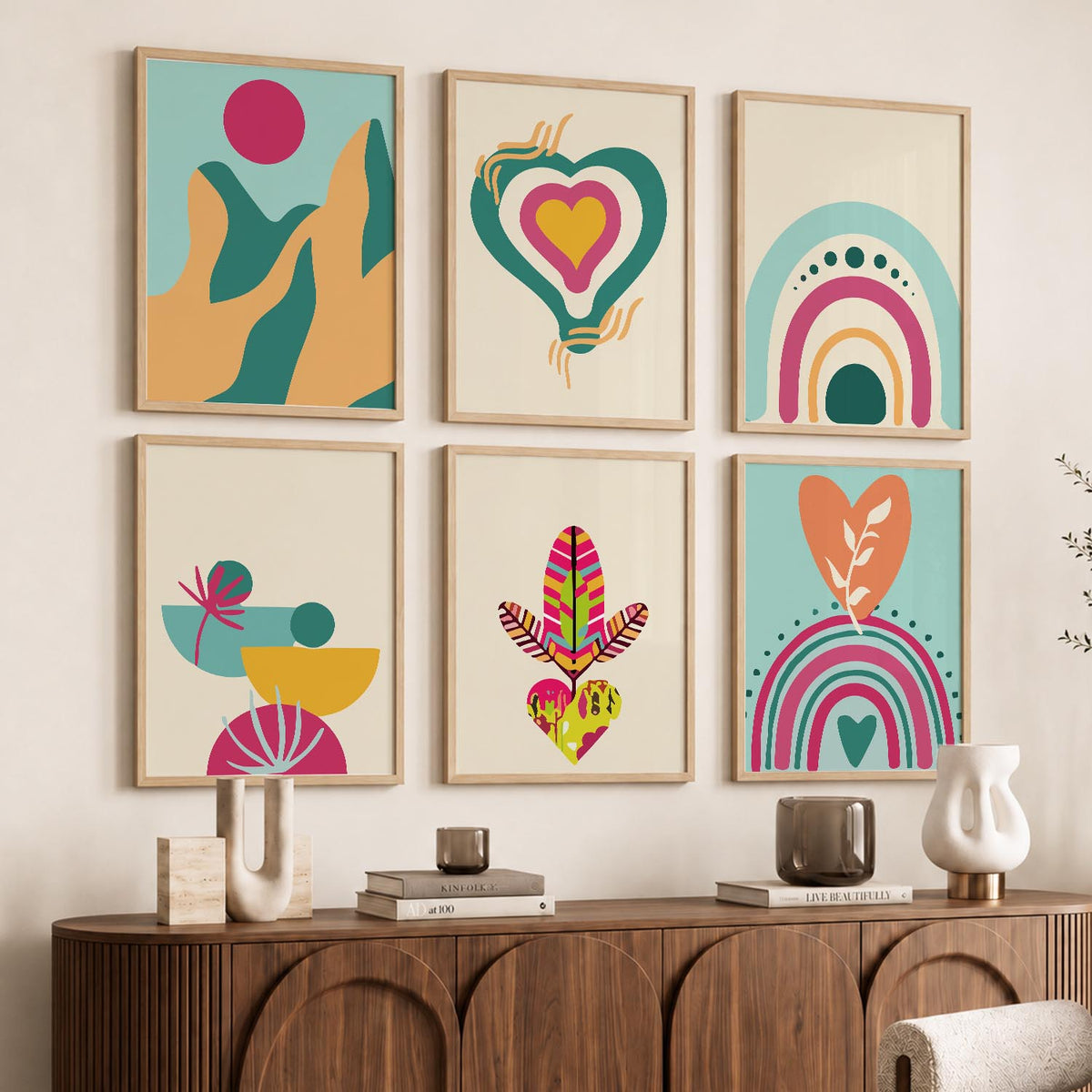 Boho-Inspired Wall Art Prints with Frame for Living Room Bedroom Home and Office Wall Decor Set of 6