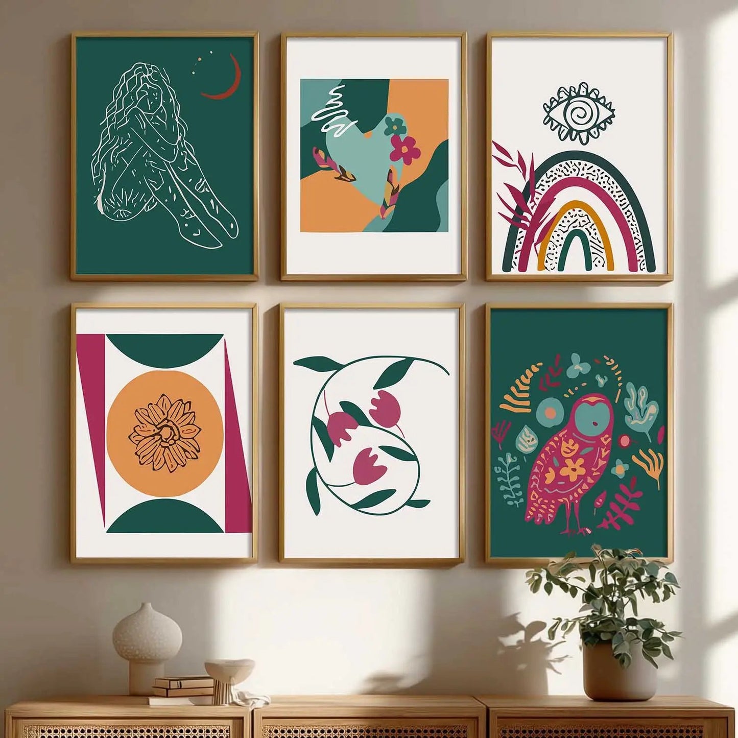 Boho Framed Wall Art Prints | Set of 6 | Home Decor