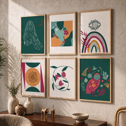 Abstract Shape Boho Bold Wall Art Set of 6 Framed Prints