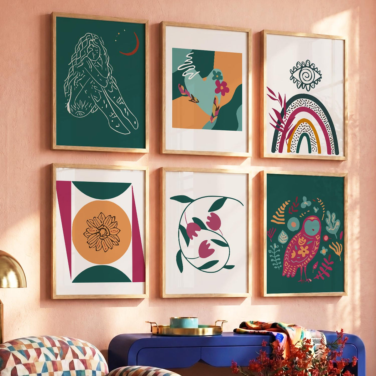 Abstract Shape Boho Bold Wall Art Set of 6 Framed Prints