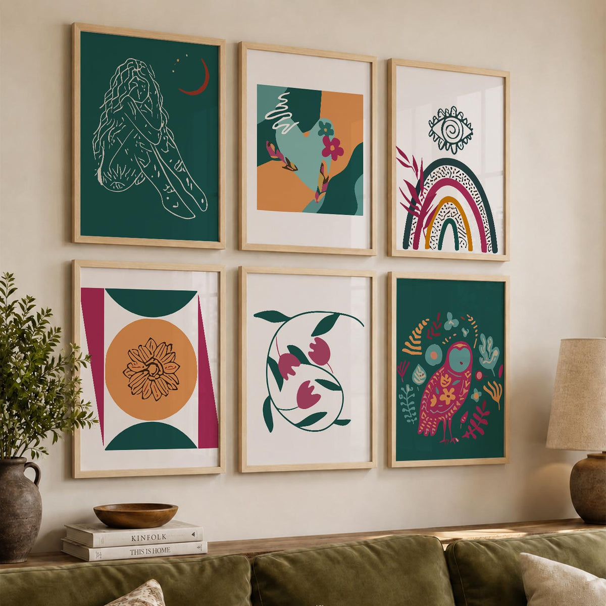 Abstract Shape Boho Bold Wall Art Set of 6 Framed Prints