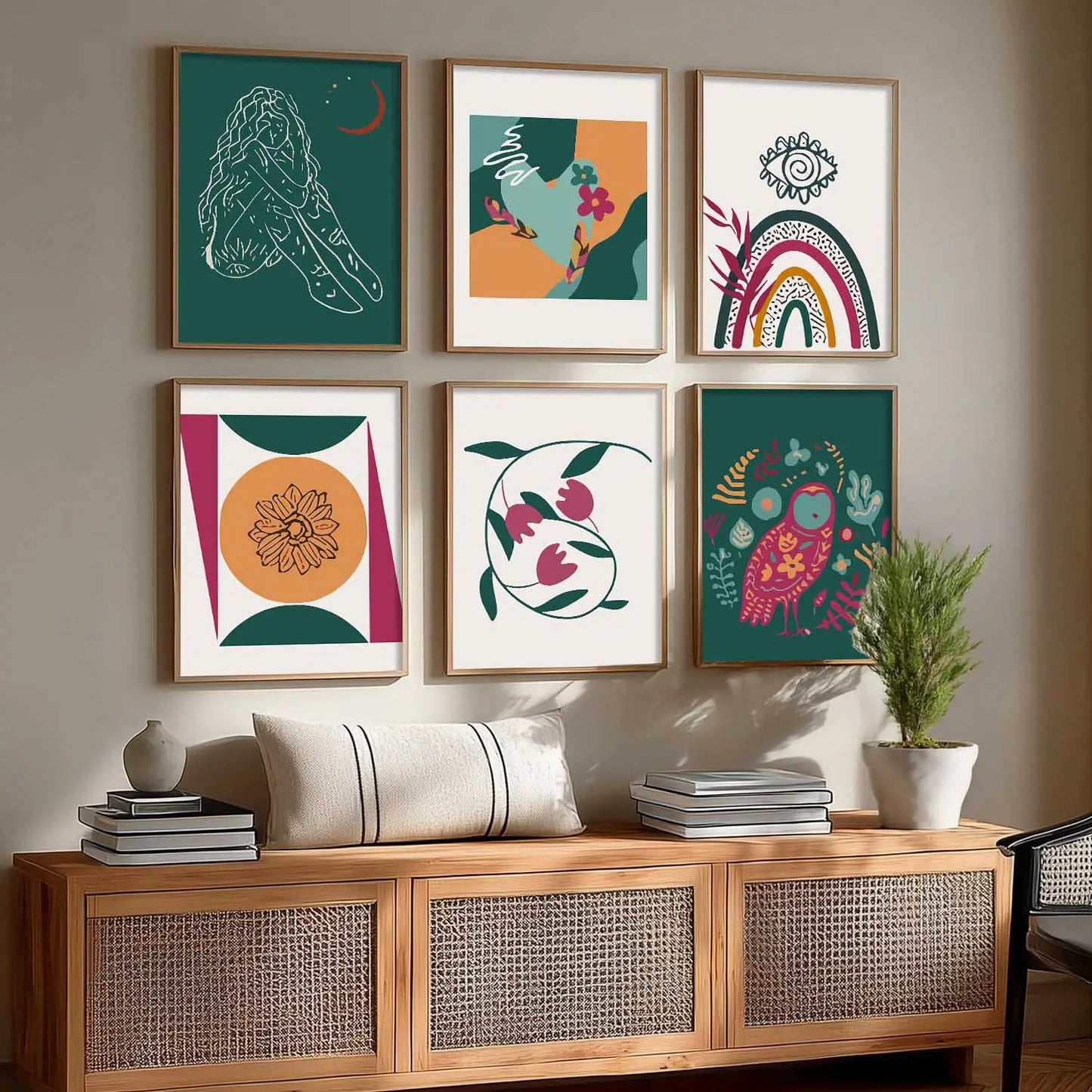 Boho Framed Wall Art Prints | Set of 6 | Home Decor