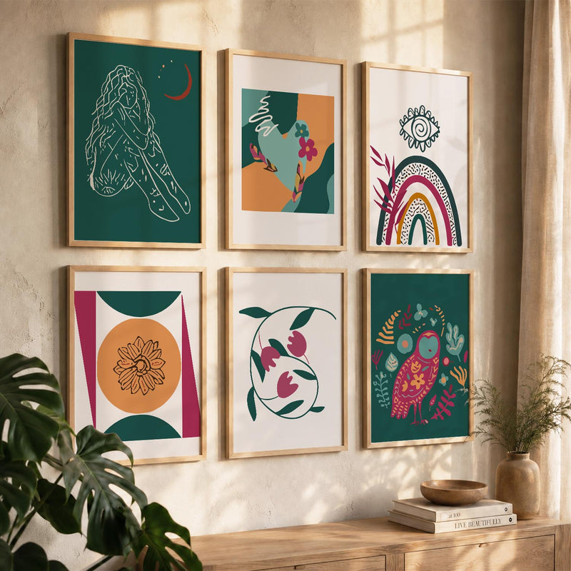 Abstract Shape Boho Bold Wall Art Set of 6 Framed Prints