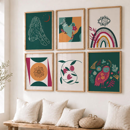 Abstract Shape Boho Bold Wall Art Set of 6 Framed Prints