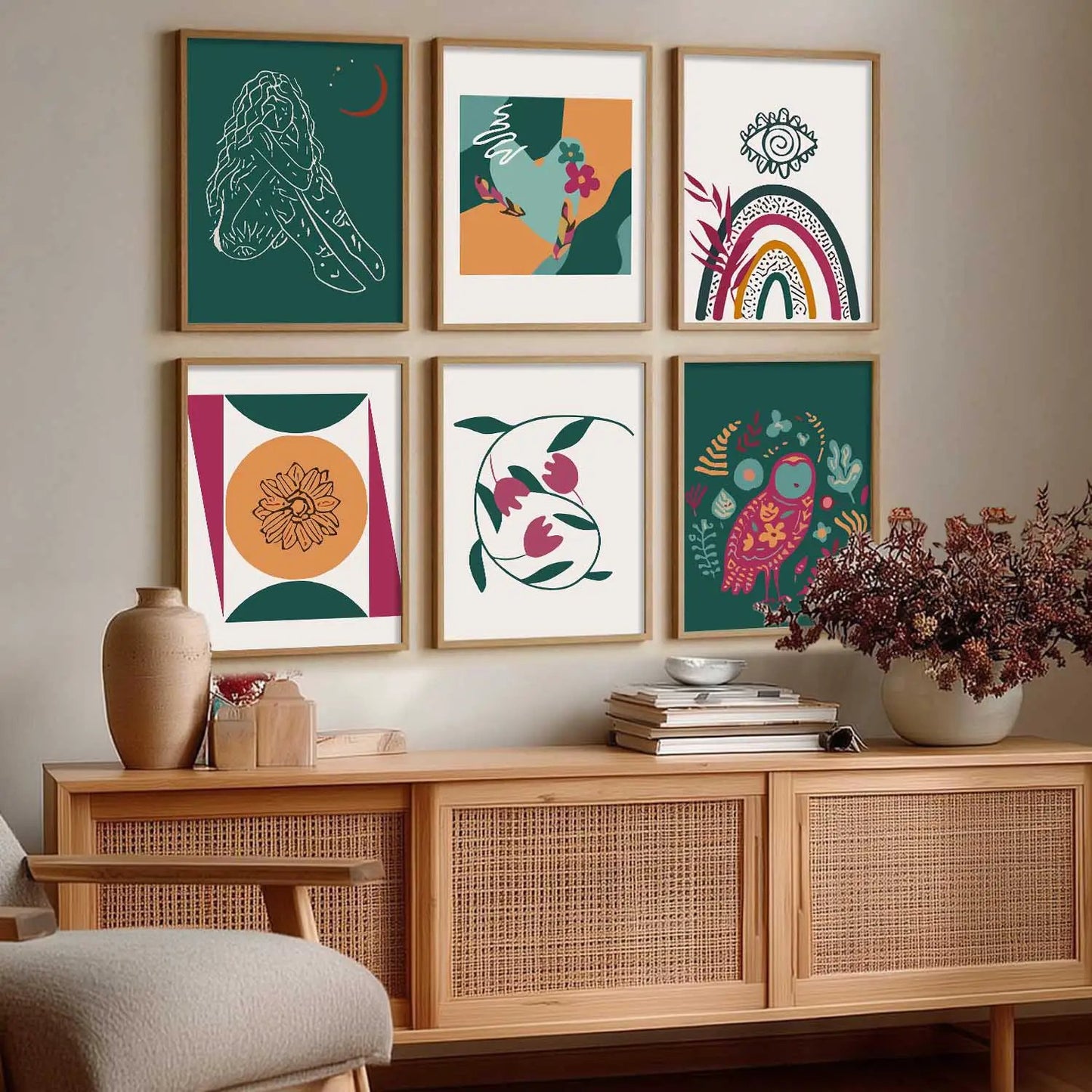 Boho Framed Wall Art Prints | Set of 6 | Home Decor