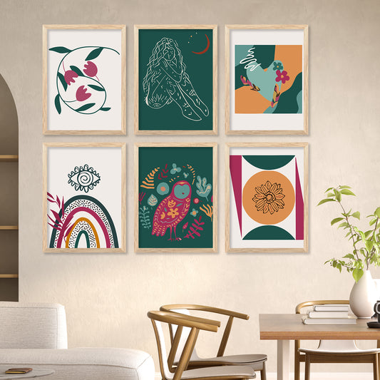 Boho-Inspired Wall Art Prints with Frame for Living Room Bedroom Home and Office Wall Decor Set of 6