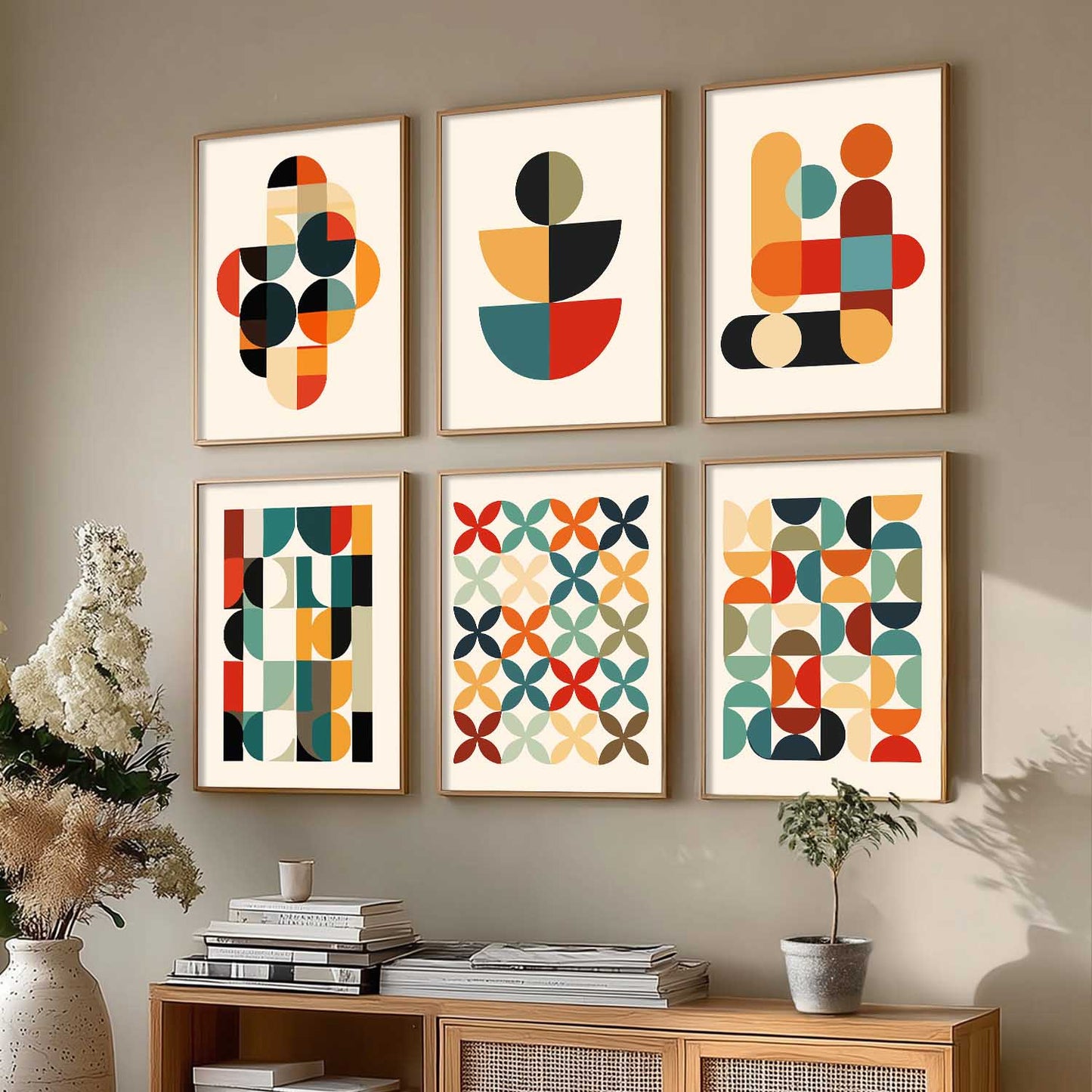 Vibrant Geometric Inspired Wall Art Prints with Frame for Living Room Bedroom Home and Office Wall Decor Set of 6
