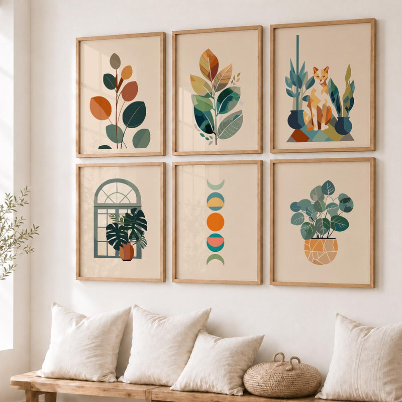 Earthy Leaf Silhouette Wall Art Set of 6 Framed Prints