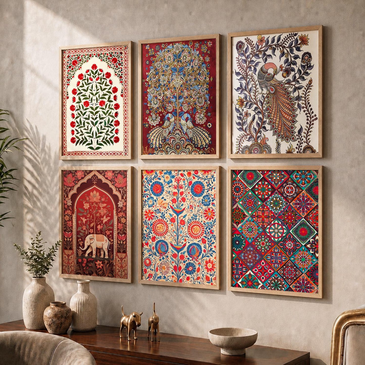 Traditional Indian Art Framed Prints for Elegant Home Decor Set of 6