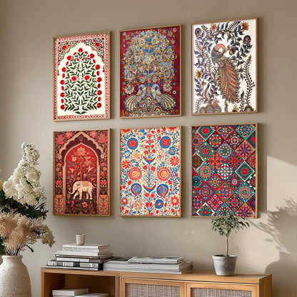 Traditional Indian Art Framed Prints for Elegant Home Decor Set of 6