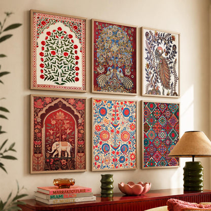 Traditional Indian Art Framed Prints for Elegant Home Decor Set of 6