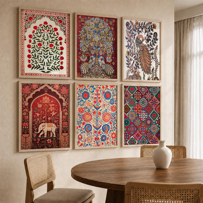 Traditional Indian Art Framed Prints for Elegant Home Decor Set of 6