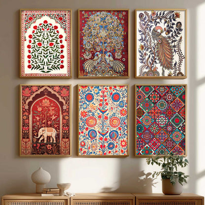 Traditional Indian Art Framed Prints for Elegant Home Decor Set of 6