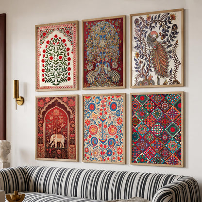 Traditional Indian Art Framed Prints for Elegant Home Decor Set of 6