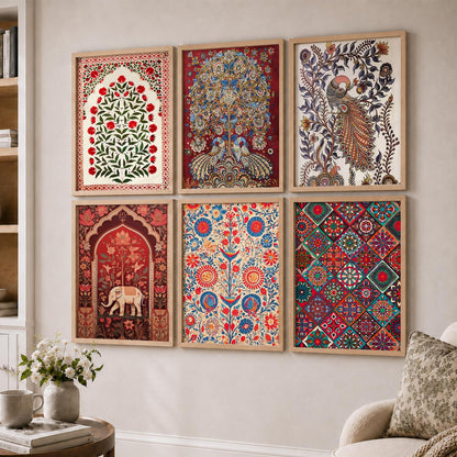 Traditional Indian Art Framed Prints for Elegant Home Decor Set of 6