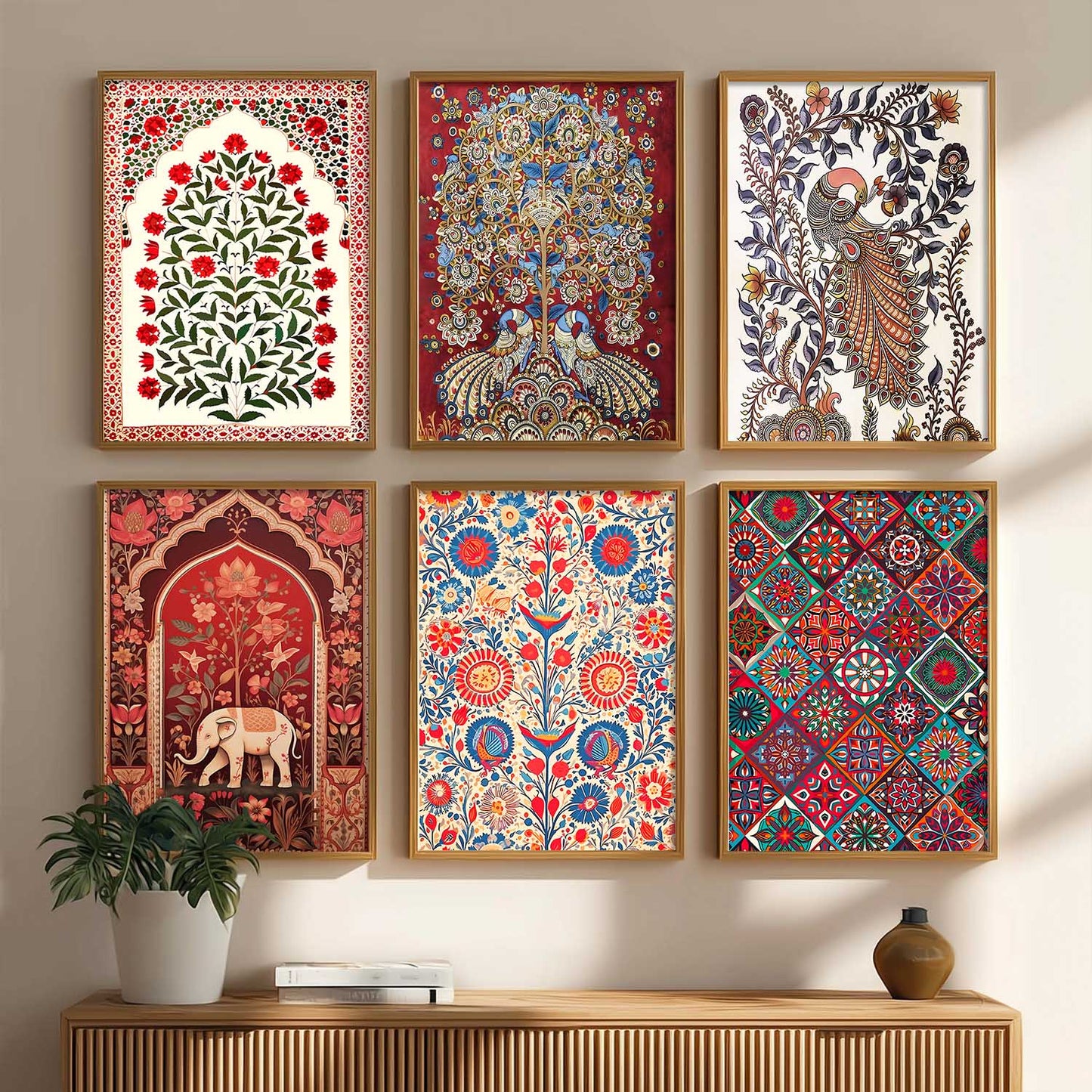Traditional Indian Art Framed Prints for Elegant Home Decor Set of 6